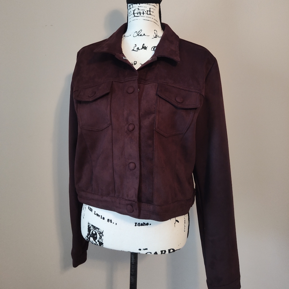 Faux Suede Cropped Jacket - Dark Brown